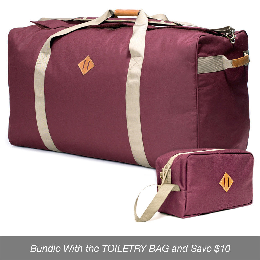 Odor absorbing crimson duffle bag and toiletry
